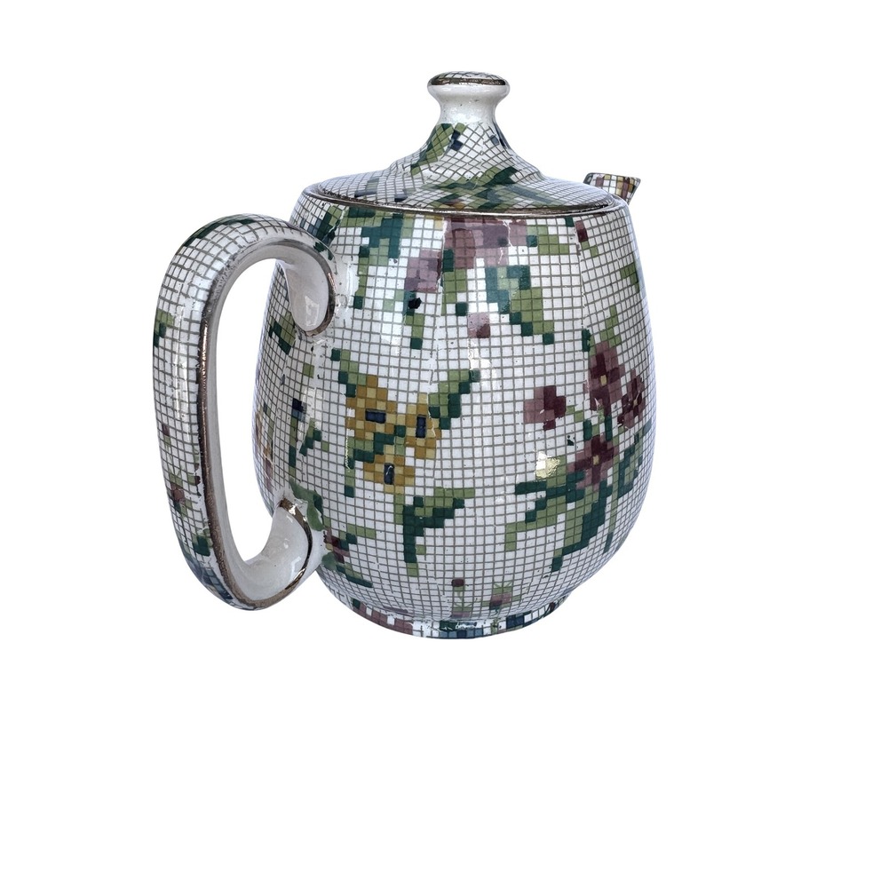 Vintage‎ Mosaic Floral Pixel Art Ceramic Teapot Gold Trim Retro Tea Pot